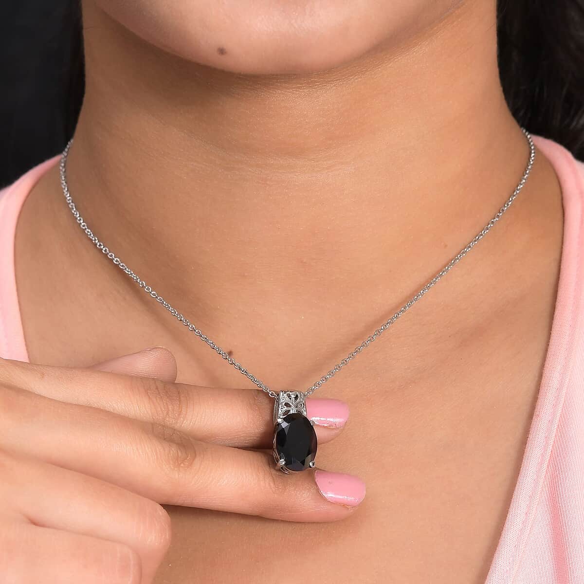 Thai Black Spinel 7.25 ctw Pendant Necklace 20 Inches in Stainless Steel image number 4