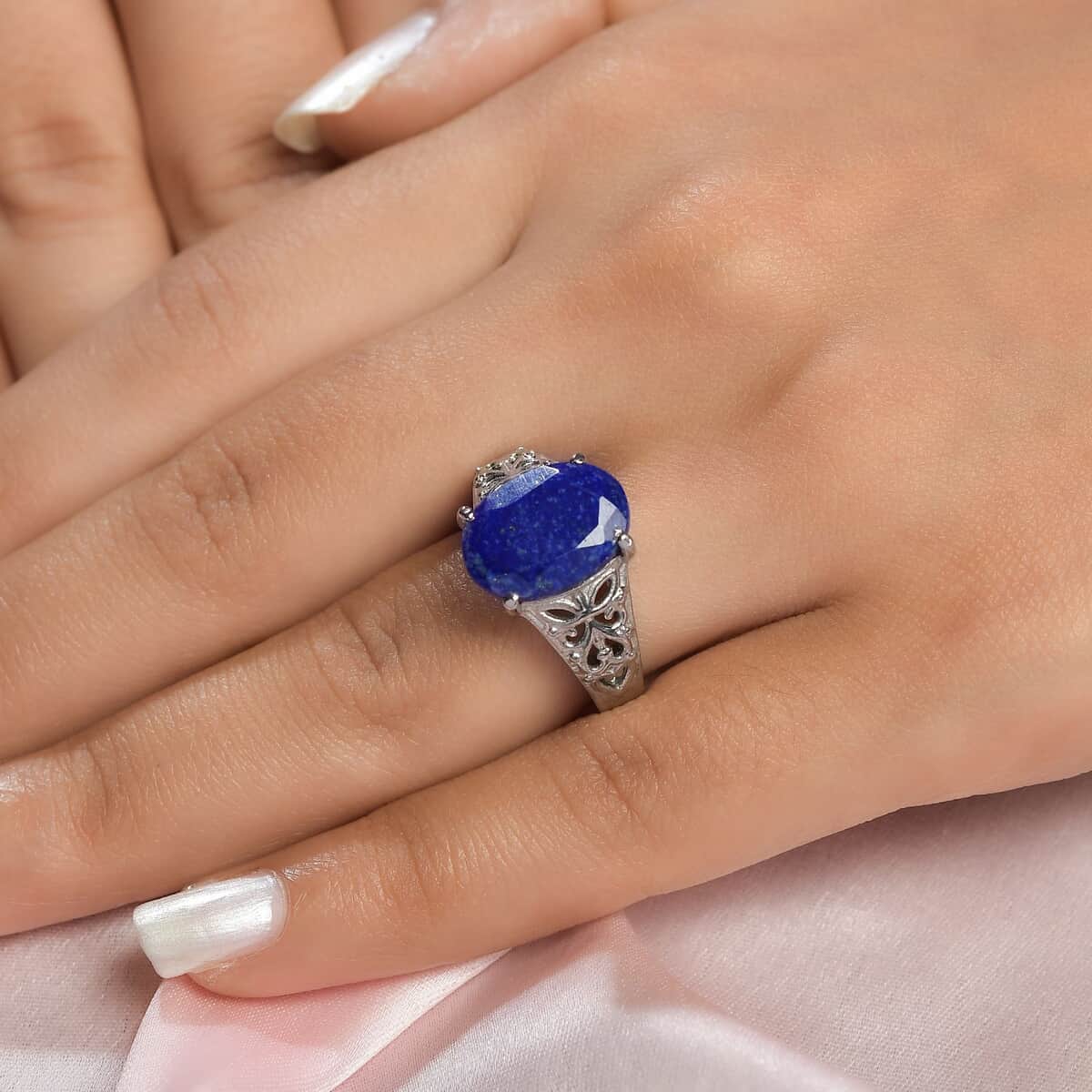 Lapis Lazuli Openwork Solitaire Ring in Stainless Steel (Size 10.0) 6.00 ctw image number 2