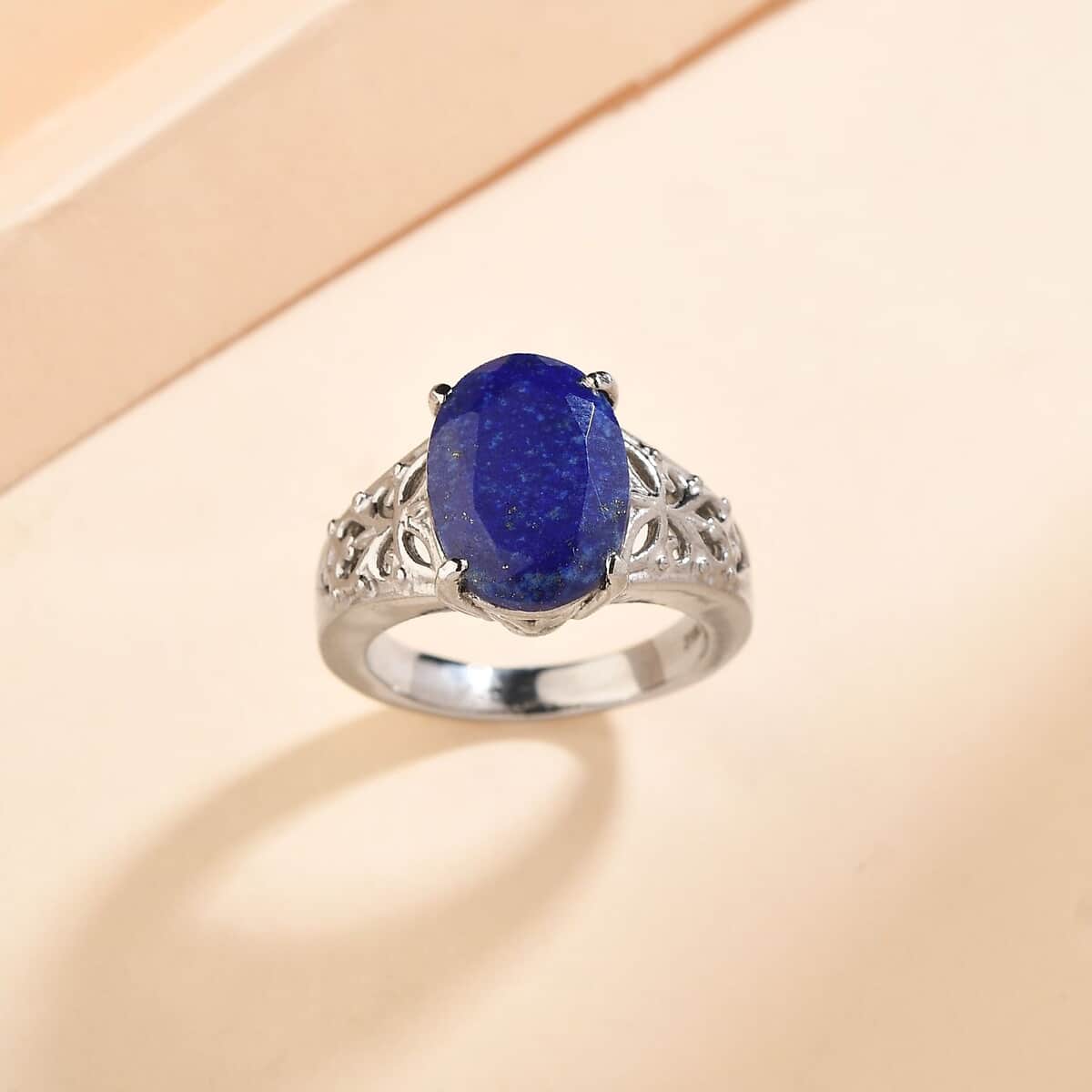 Lapis Lazuli 6.00 ctw Openwork Solitaire Ring in Stainless Steel (Size 7.0) image number 1