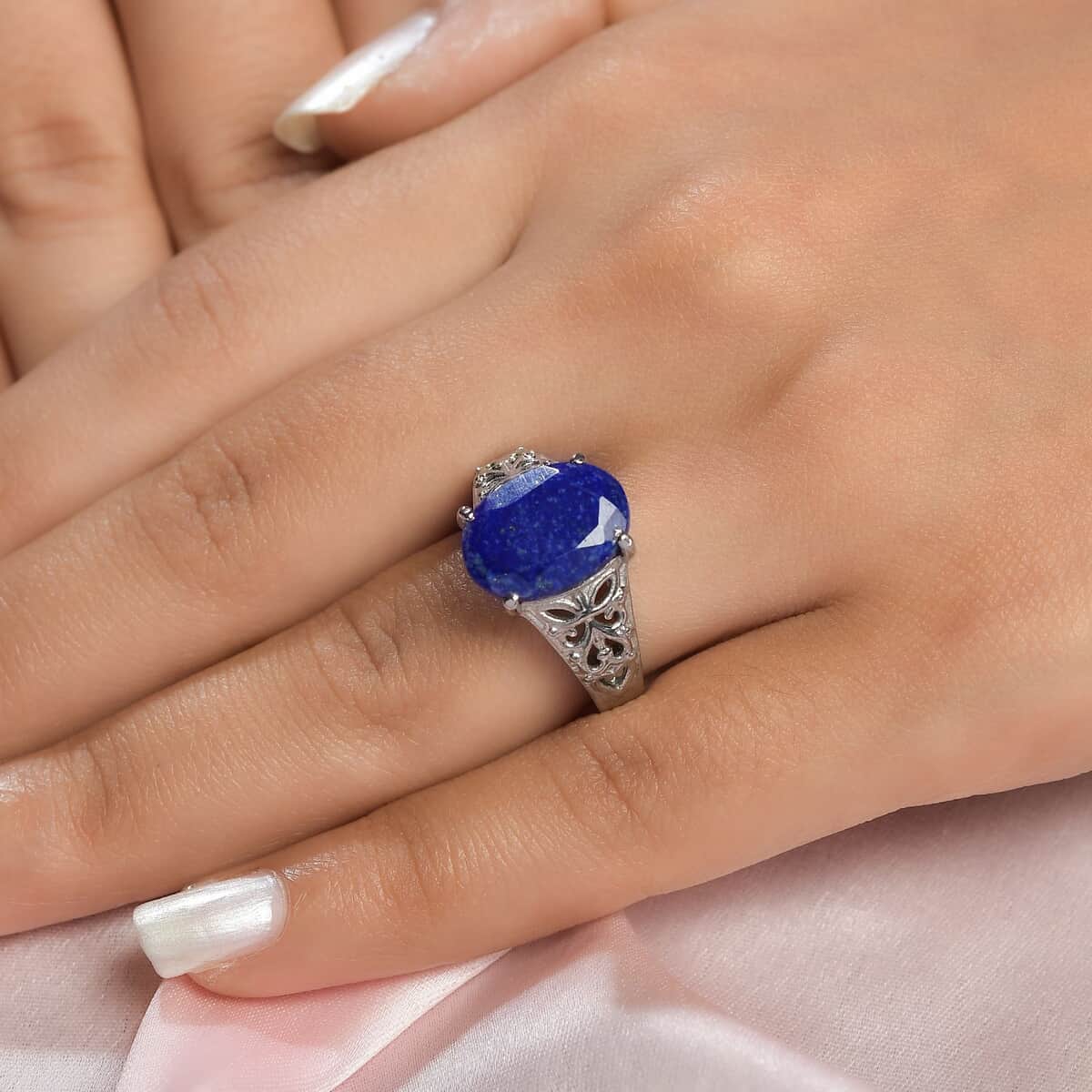 Lapis Lazuli 6.00 ctw Openwork Solitaire Ring in Stainless Steel (Size 7.0) image number 2