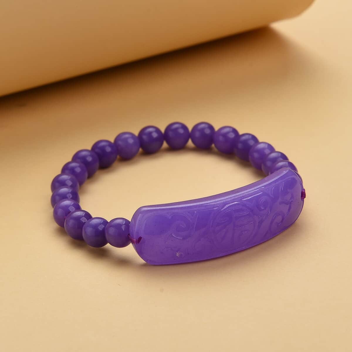 Purple Jade (D) Bead Stretch Bracelet , Carved Jade Bracelet , Jade Bar Bracelet , Jade Stretch Bracelet 142.00 ctw image number 1