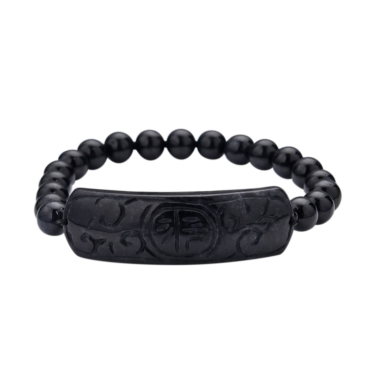 Black Jade (D) Bead Stretch Bracelet, Ancient Coin Detail Carved Bar Bracelet 141.00 ctw image number 0