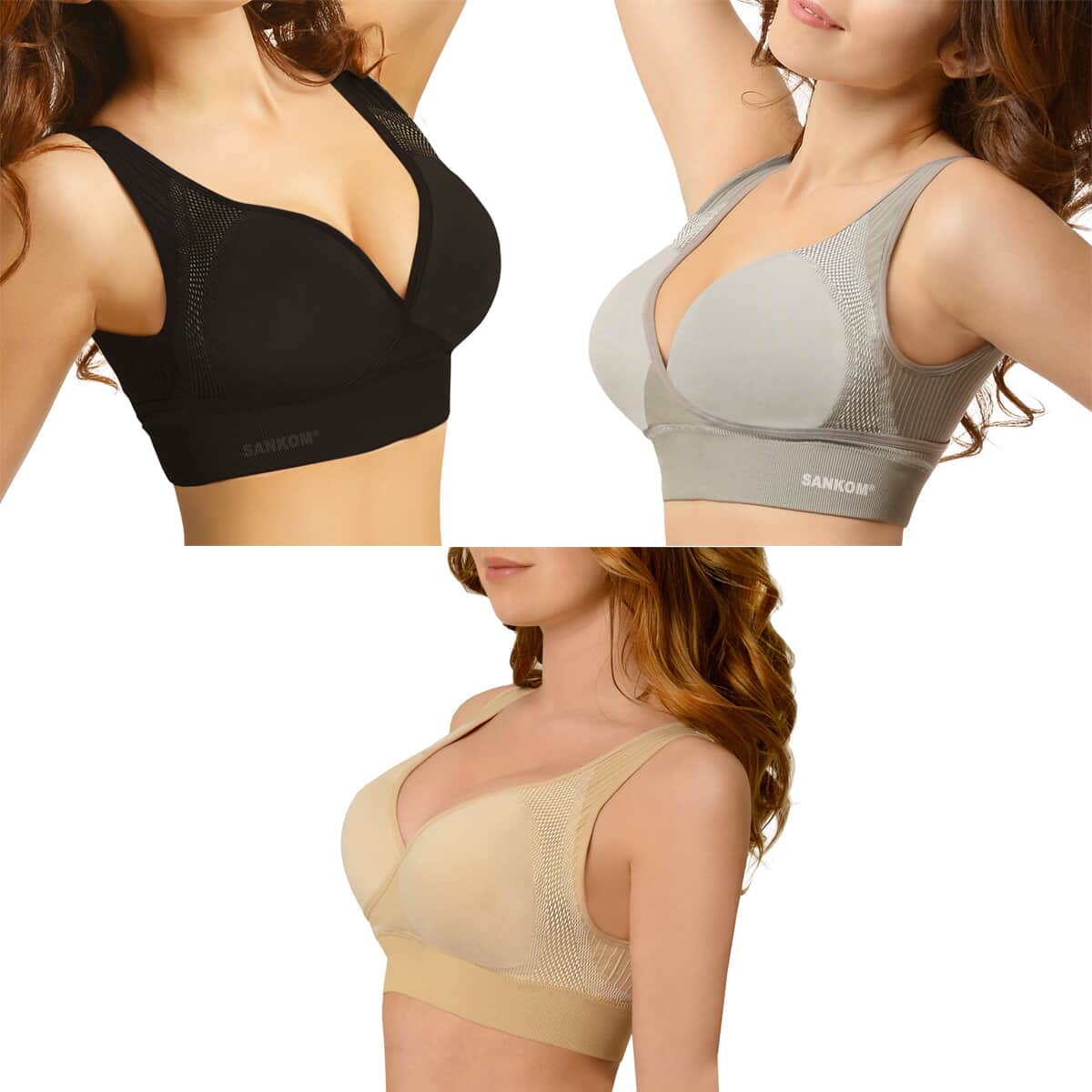 Sankom Set of 3 Patent Support & Posture Bra with Cooling, Aloe Vera Fibers and Bamboo Fibers - L/XL , Beige, Black, Gray , Support Bra , Comfortable Bra , Sports Bra , Gym Bra image number 0