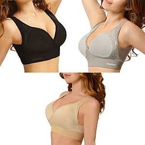 Sankom Set of 3 Patent Support & Posture Bra with Cooling, Aloe Vera Fibers and Bamboo Fibers - L/XL , Beige, Black, Gray , Support Bra , Comfortable Bra , Sports Bra , Gym Bra
