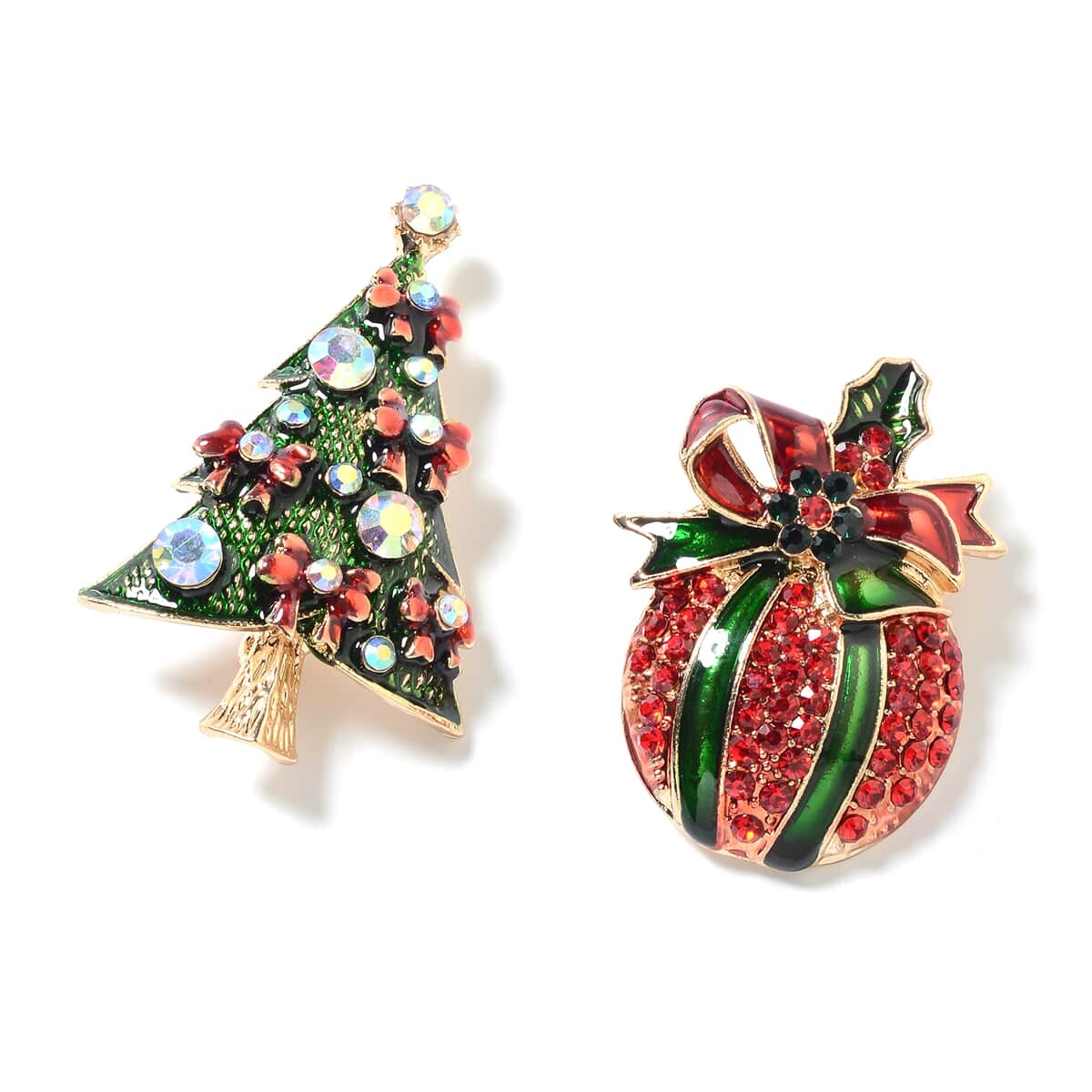 Set of 2 Magic Color, Red and Green Austrian Crystal, Enameled Christmas Tree and Ornament Brooches in Silvertone image number 0