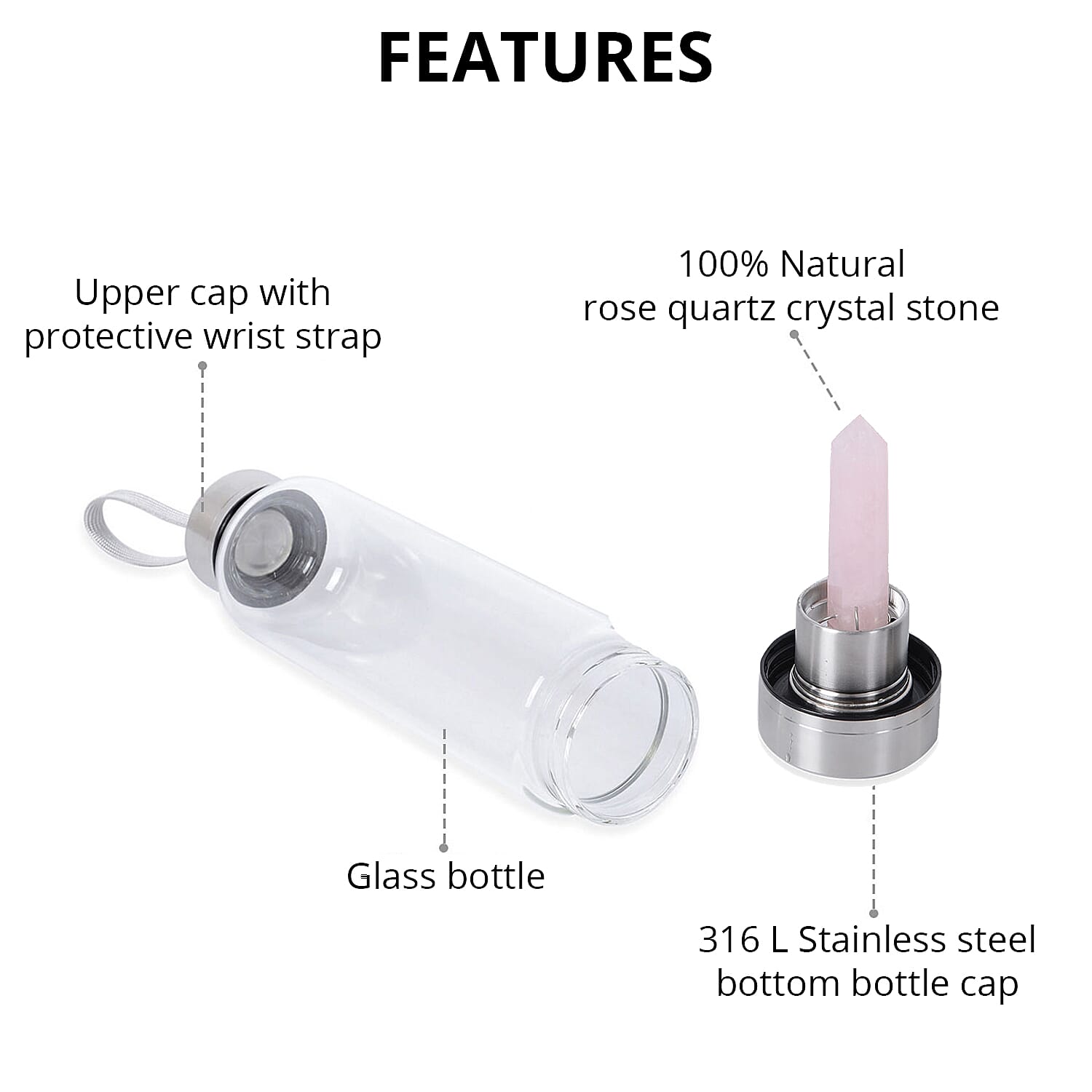 Glass Bottle with Rose Quartz Crystal (18.6 oz)