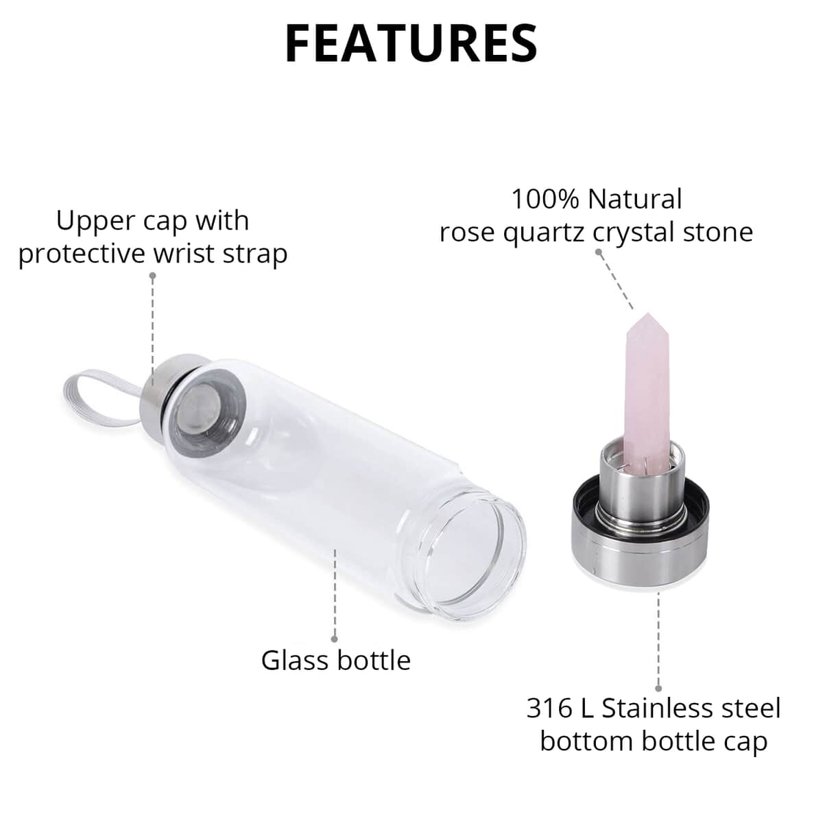 Glass Bottle with Rose Quartz Crystal (18.6 oz) image number 2