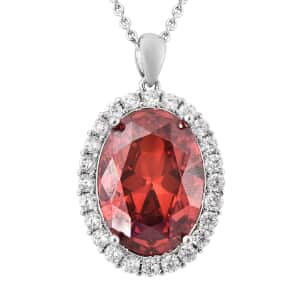 Simulated Red and White Diamond Halo Pendant in Silvertone with Stainless Steel Necklace 20 Inches 18.20 ctw