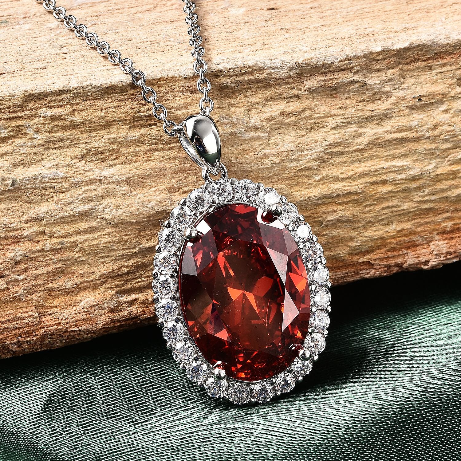 Simulated Red and White Diamond Halo Pendant in Silvertone with Stainless Steel Necklace 20 Inches