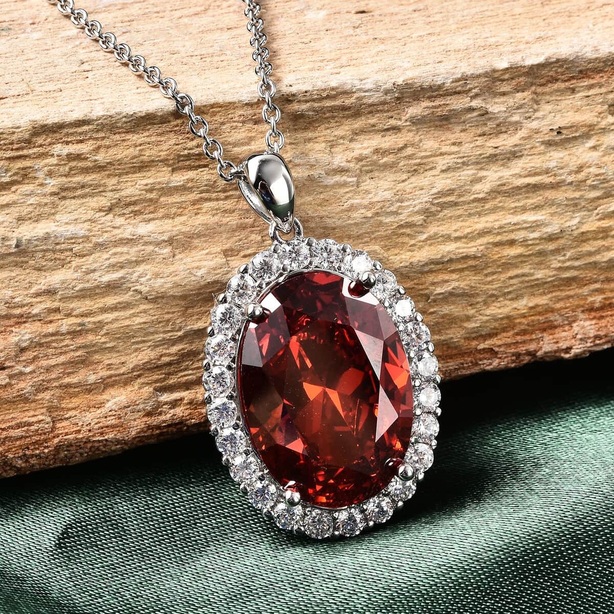 Simulated Red and White Diamond Halo Pendant in Silvertone with Stainless Steel Necklace 20 Inches 18.20 ctw image number 1