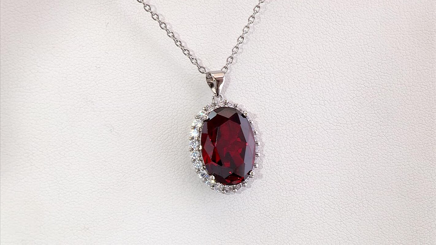 Simulated Red and White Diamond Pendant Necklace 20 Inch in Silvertone and Stainless Steel