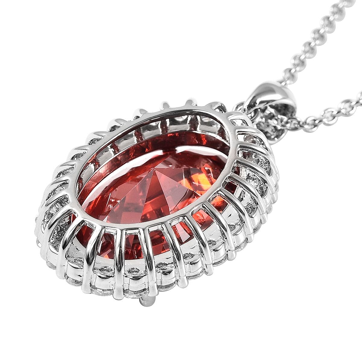 Simulated Red and White Diamond Halo Pendant in Silvertone with Stainless Steel Necklace 20 Inches