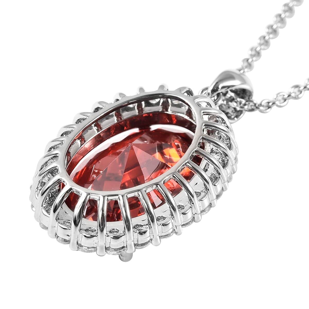 Simulated Red and White Diamond Halo Pendant in Silvertone with Stainless Steel Necklace 20 Inches 18.20 ctw image number 3