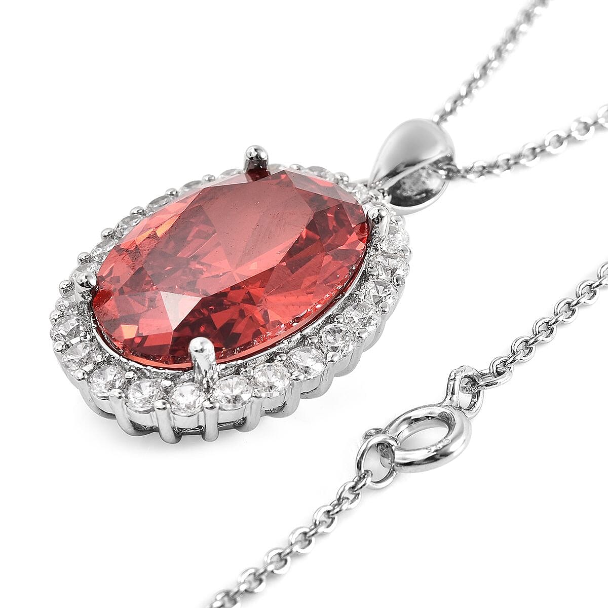 Simulated Red and White Diamond Halo Pendant in Silvertone with Stainless Steel Necklace 20 Inches