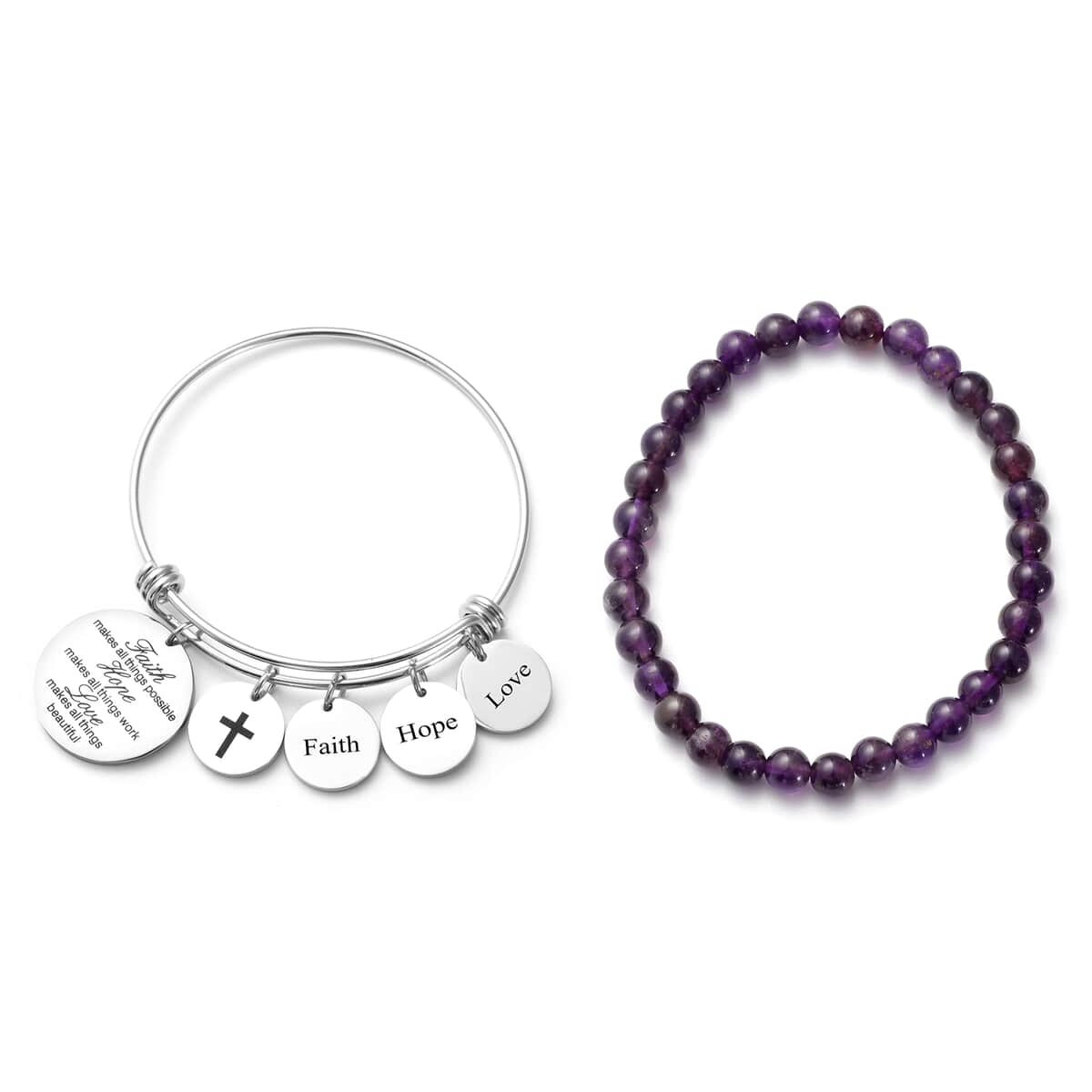 Amethyst Beaded Stretch Bracelet and Charm Bangle (7in) in Black Oxidized Stainless Steel 57.00 ctw image number 0