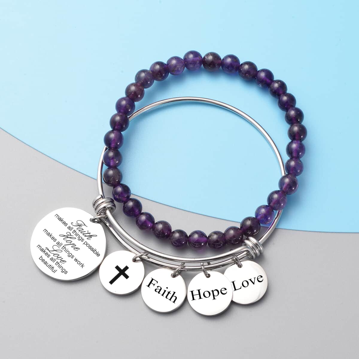 Amethyst Beaded Stretch Bracelet and Charm Bangle (7in) in Black Oxidized Stainless Steel 57.00 ctw image number 1