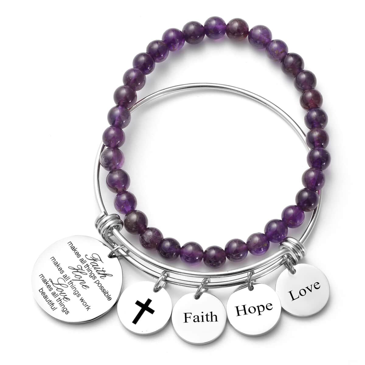 Amethyst Beaded Stretch Bracelet and Charm Bangle (7in) in Black Oxidized Stainless Steel 57.00 ctw image number 2