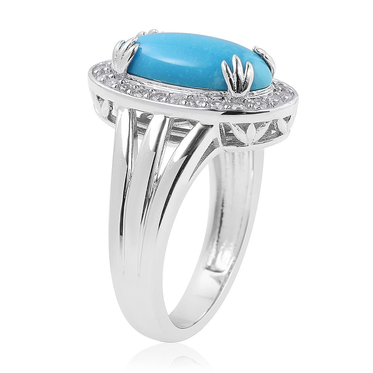 AMERICAN Natural Sleeping Beauty Turquoise and White Zircon Halo Ring in Sterling Silver (Size 9) 3.28 ctw image number 2