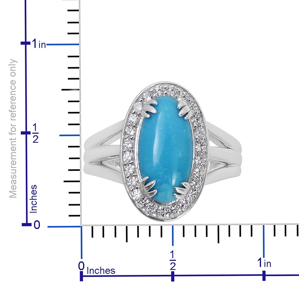 AMERICAN Natural Sleeping Beauty Turquoise and White Zircon Halo Ring in Sterling Silver (Size 9) 3.28 ctw image number 4