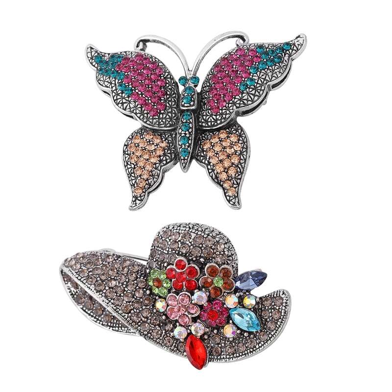 Set of 2 Simulated Multi Gemstone & Multi Austrian Crystal Hat and Butterfly Brooches in Silvertone