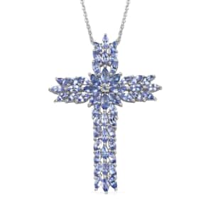 Tanzanite Cross Pendant Necklace 20 Inches in Platinum Over Sterling Silver 7.75 ctw