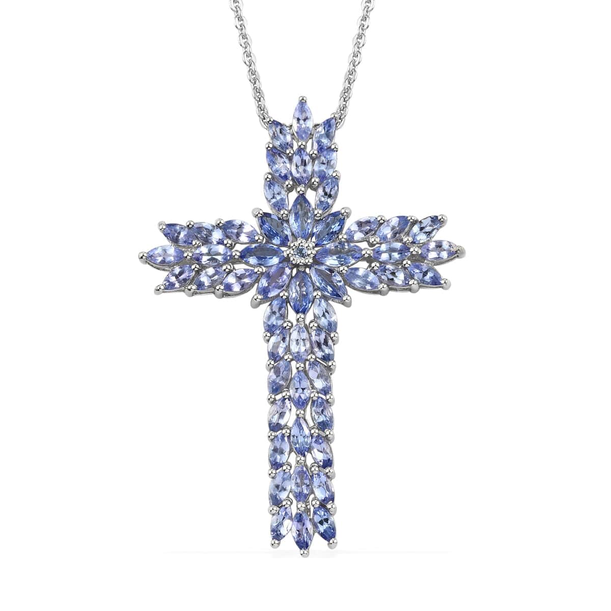 Tanzanite Cross Pendant Necklace 20 Inches in Platinum Over Sterling Silver 7.75 ctw image number 0