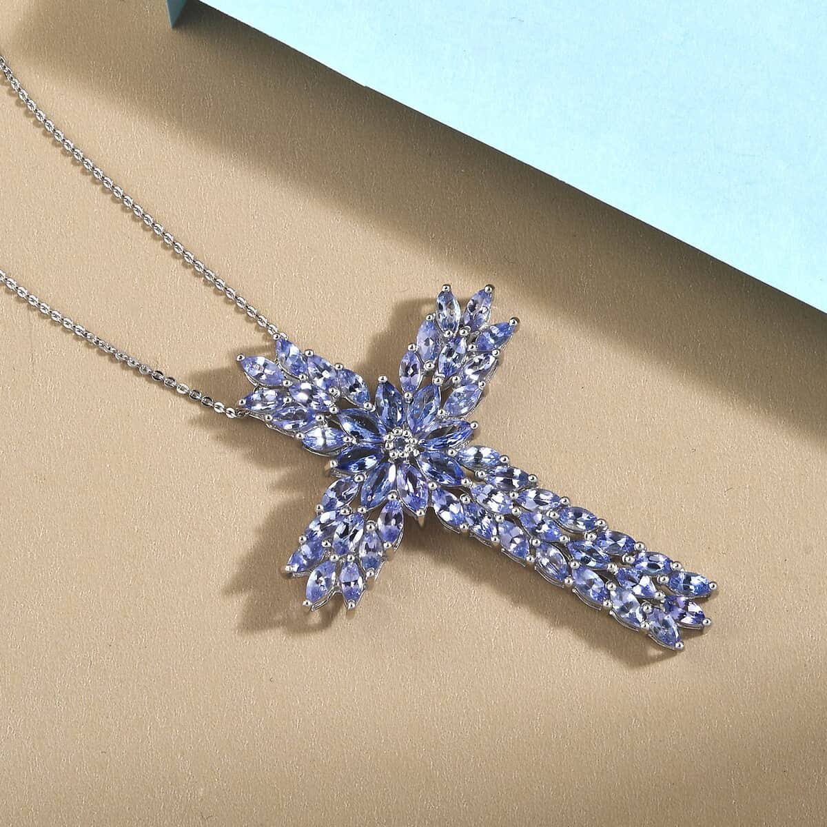 Tanzanite Cross Pendant Necklace 20 Inches in Platinum Over Sterling Silver 7.75 ctw image number 1