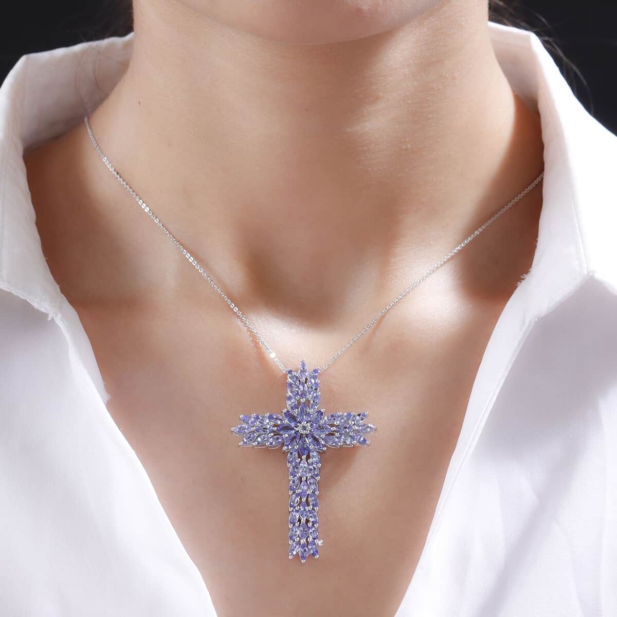 Tanzanite Cross Pendant Necklace 20 Inches in Platinum Over Sterling Silver 7.75 ctw image number 2