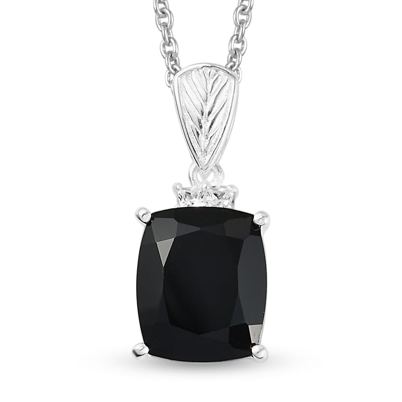 Thai Black Spinel and Simulated Diamond Magnetic Clasp Pendant in Sterling Silver with Stainless Steel Necklace 20 Inches 6.00 ctw