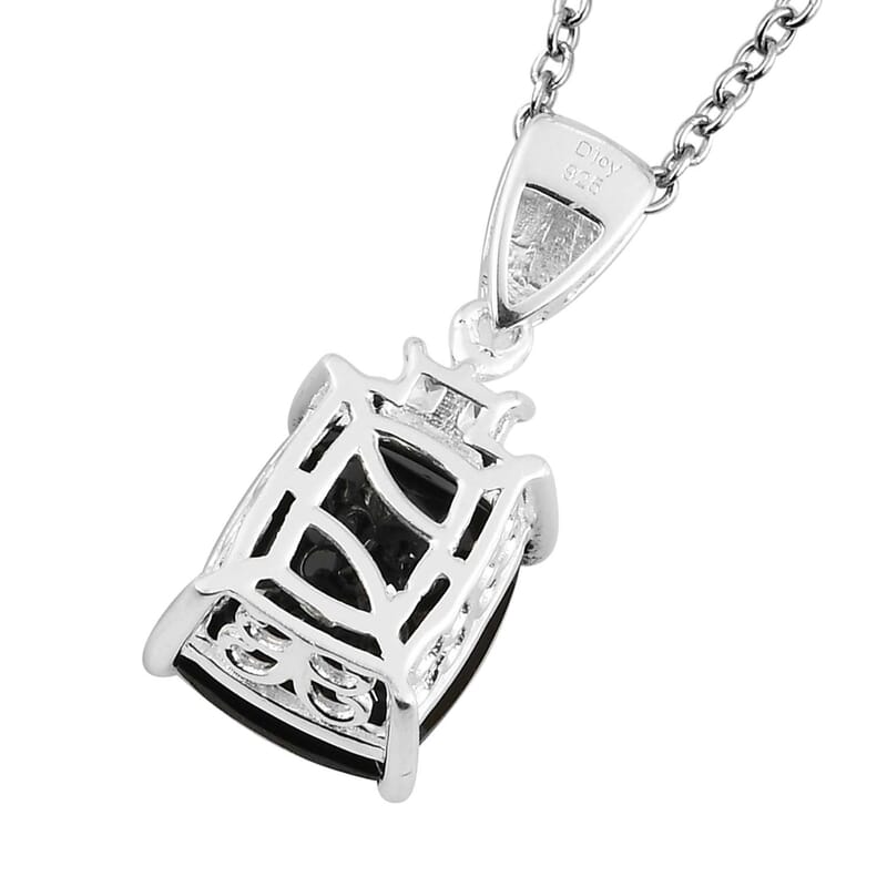 Thai Black Spinel and Simulated Diamond Magnetic Clasp Pendant in Sterling Silver with Stainless Steel Necklace 20 Inches 6.00 ctw