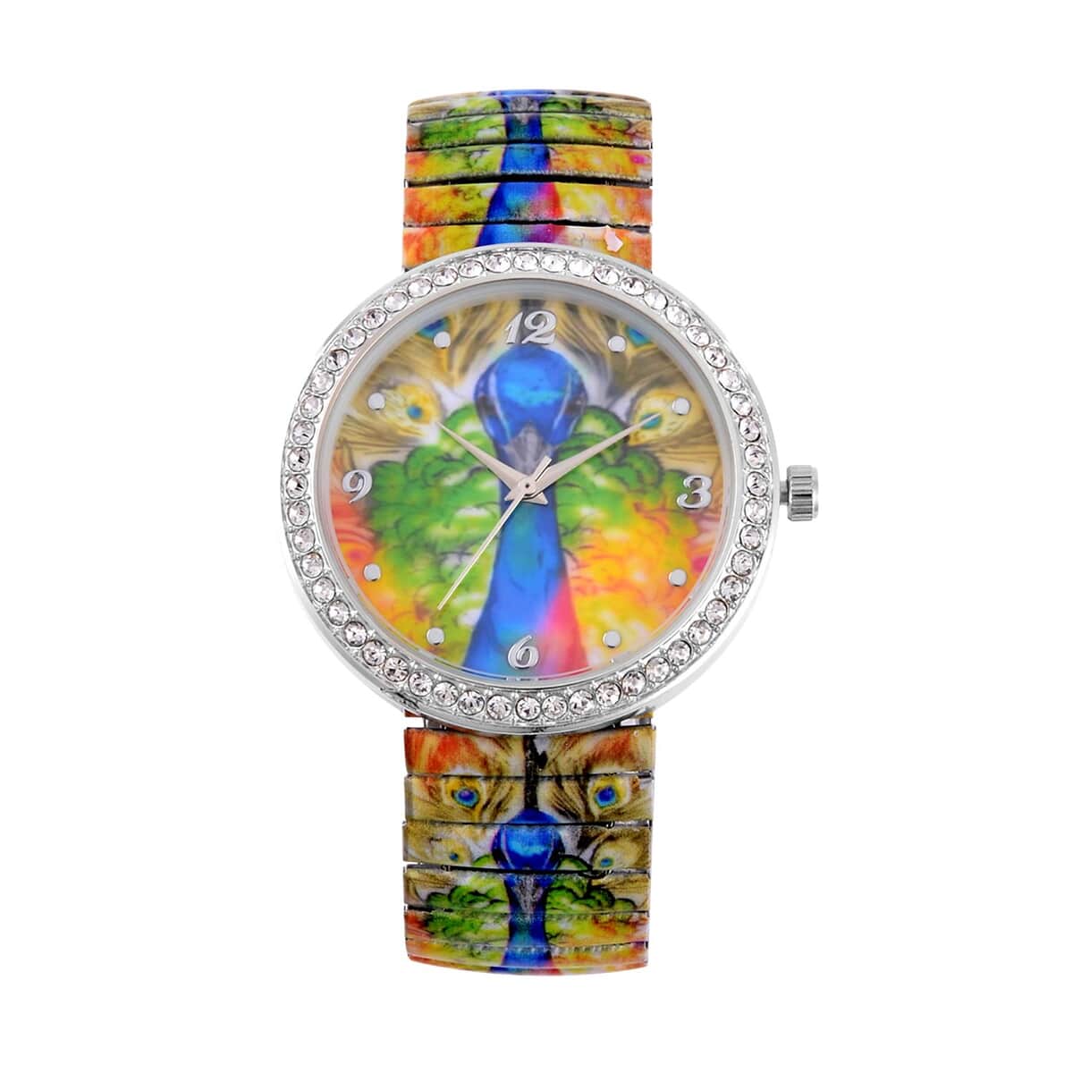 STRADA Austrian Crystal Japanese Movement Peacock Pattern Stretch Bracelet Watch in Stainless Steel image number 0