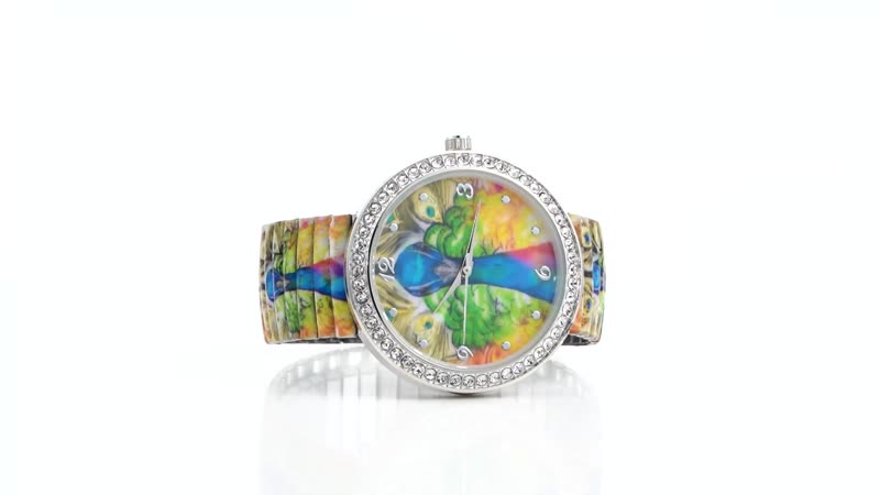 STRADA Austrian Crystal Japanese Movement Peacock Pattern Stretch Bracelet Watch in Stainless Steel