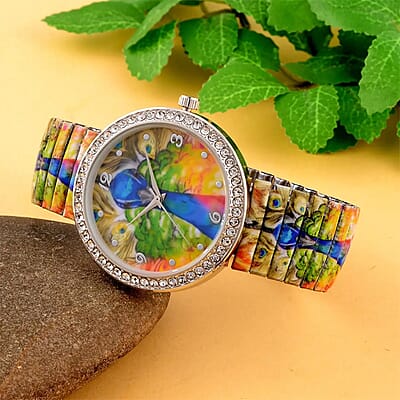 Strada Japanese Movement Bracelet Watch in Stainless Steel, Stretchable Watch with Austrian Crystals and Peacock Pattern (42.40mm) (6.50-7.0 Inches)