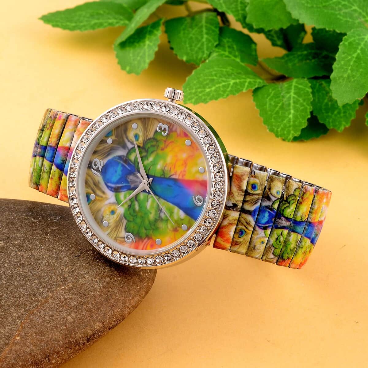STRADA Austrian Crystal Japanese Movement Peacock Pattern Stretch Bracelet Watch in Stainless Steel image number 1