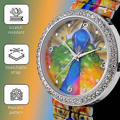 Strada Japanese Movement Bracelet Watch in Stainless Steel, Stretchable Watch with Austrian Crystals and Peacock Pattern (42.40mm) (6.50-7.0 Inches)