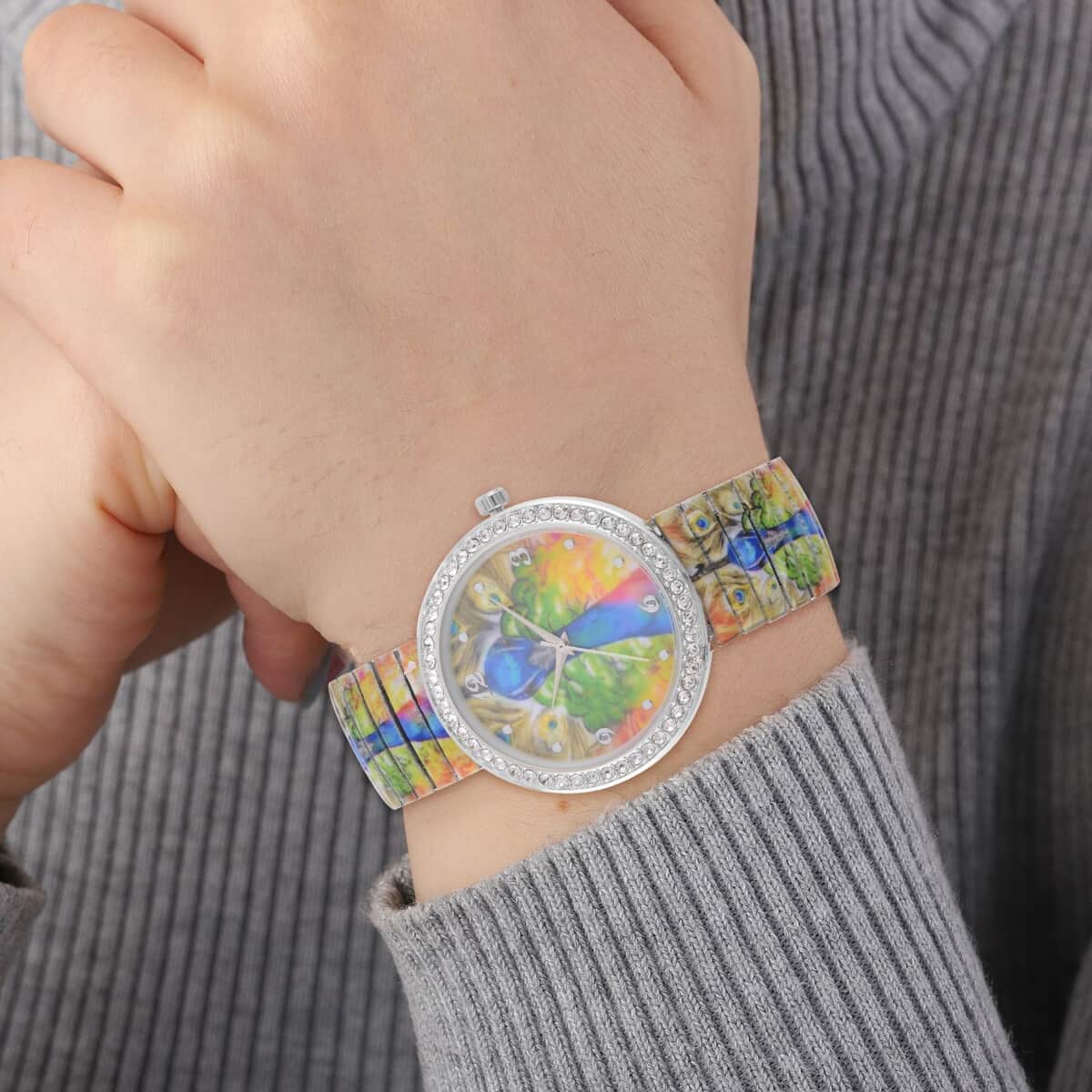 STRADA Austrian Crystal Japanese Movement Peacock Pattern Stretch Bracelet Watch in Stainless Steel image number 2