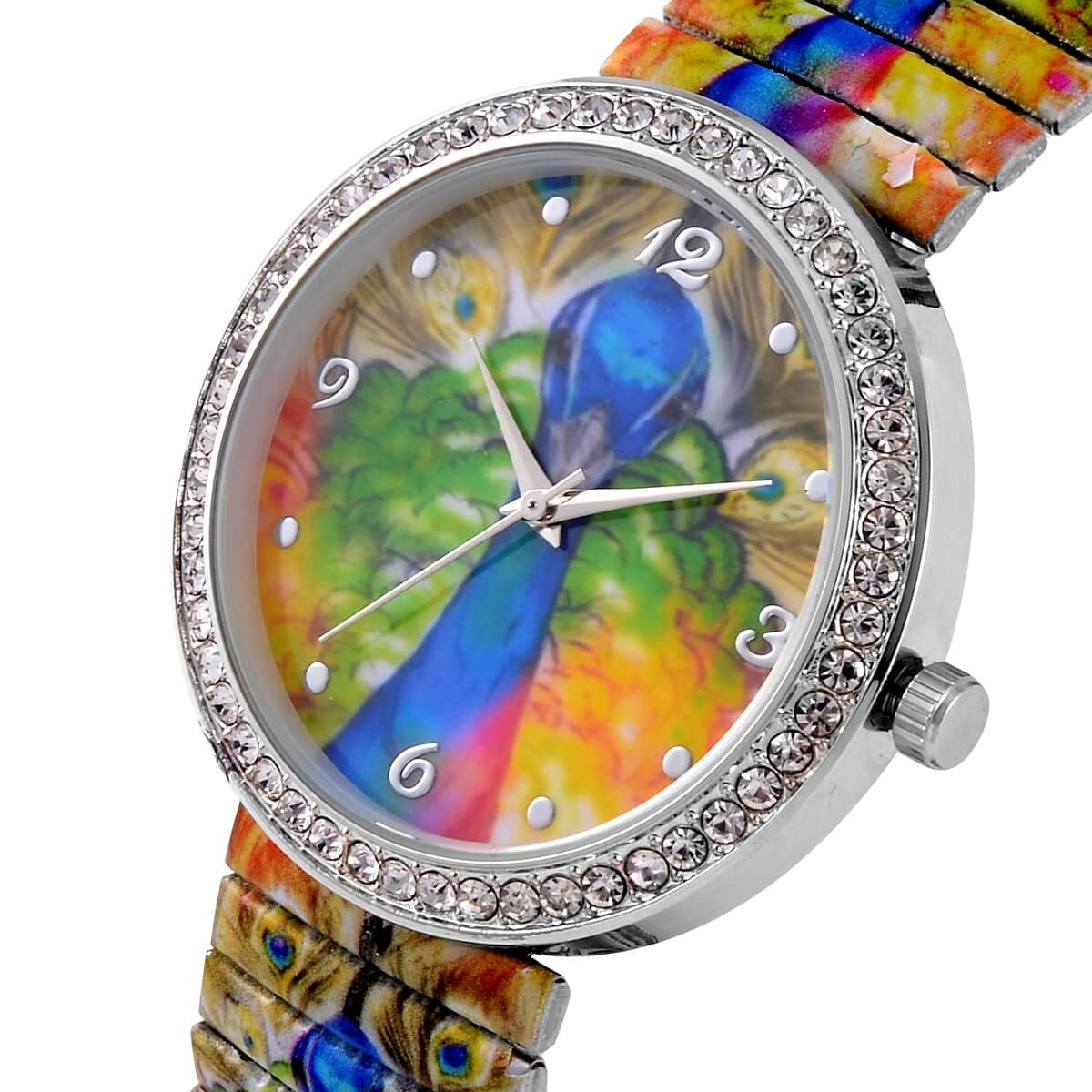 STRADA Austrian Crystal Japanese Movement Peacock Pattern Stretch Bracelet Watch in Stainless Steel image number 3