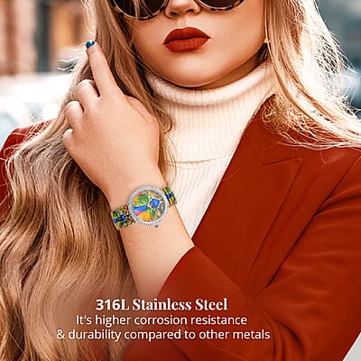 Strada Japanese Movement Bracelet Watch in Stainless Steel, Stretchable Watch with Austrian Crystals and Peacock Pattern (42.40mm) (6.50-7.0 Inches)