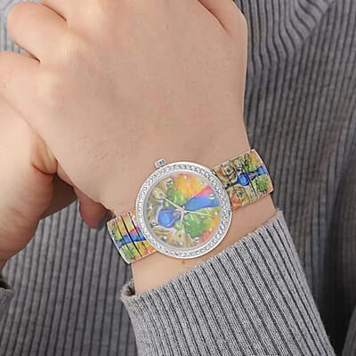 Strada Japanese Movement Bracelet Watch in Stainless Steel, Stretchable Watch with Austrian Crystals and Peacock Pattern (42.40mm) (6.50-7.0 Inches)