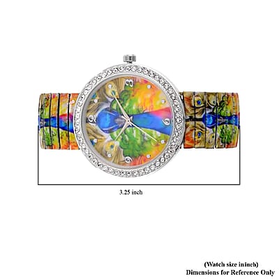 Strada Japanese Movement Bracelet Watch in Stainless Steel, Stretchable Watch with Austrian Crystals and Peacock Pattern (42.40mm) (6.50-7.0 Inches)