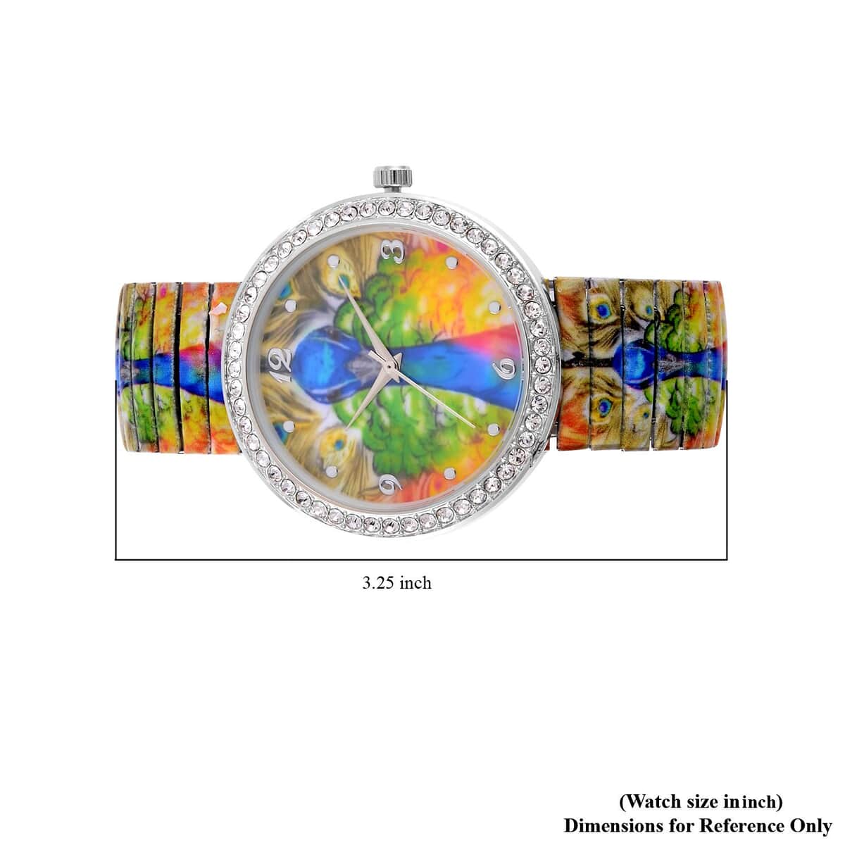 STRADA Austrian Crystal Japanese Movement Peacock Pattern Stretch Bracelet Watch in Stainless Steel image number 6