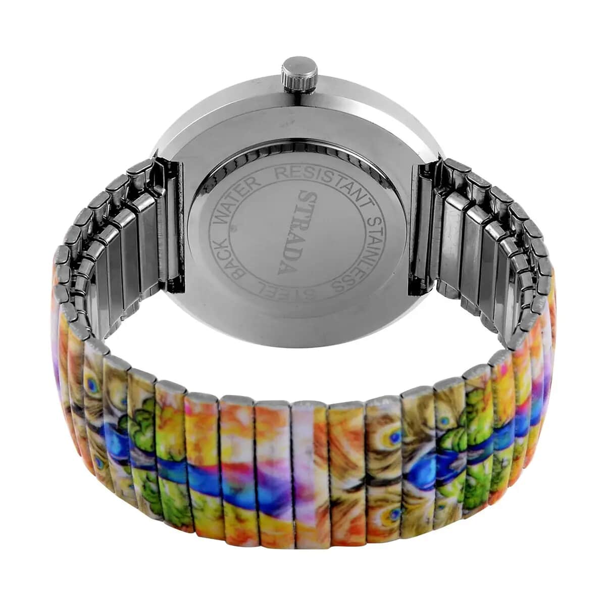 STRADA Austrian Crystal Japanese Movement Peacock Pattern Stretch Bracelet Watch in Stainless Steel image number 7