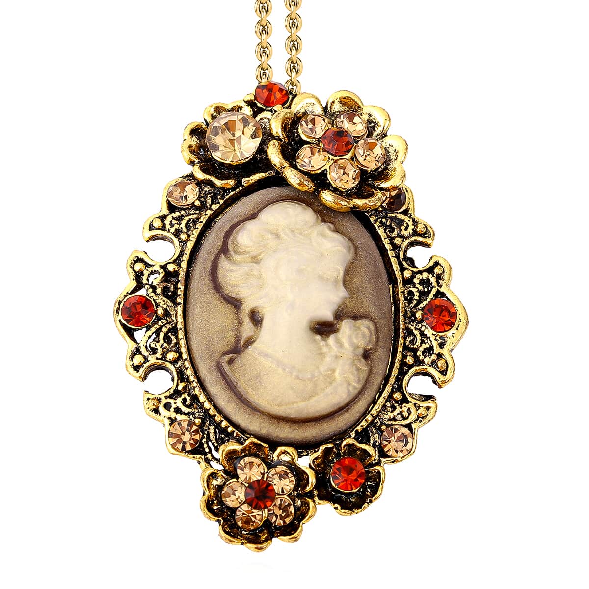 Cameo, Champagne and Brown Austrian Crystal Brooch or Pendant Necklace 24 Inches in Goldtone image number 0