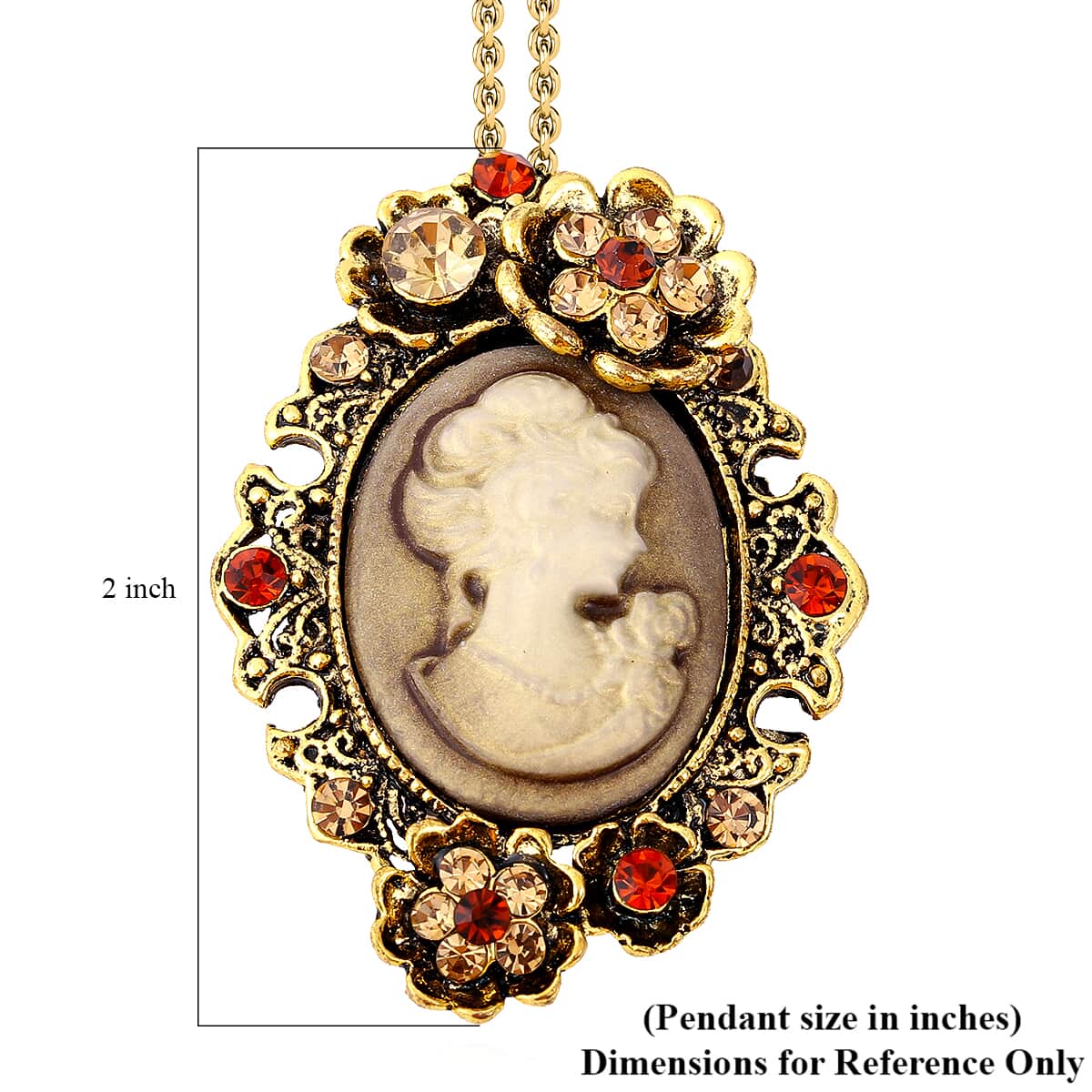 Cameo, Champagne and Brown Austrian Crystal Brooch or Pendant Necklace 24 Inches in Goldtone image number 2