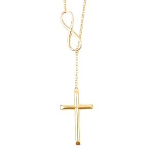 14K Yellow Gold Over Sterling Silver Cross Infinity Lariat Necklace 16-18 Inches 4.10 Grams