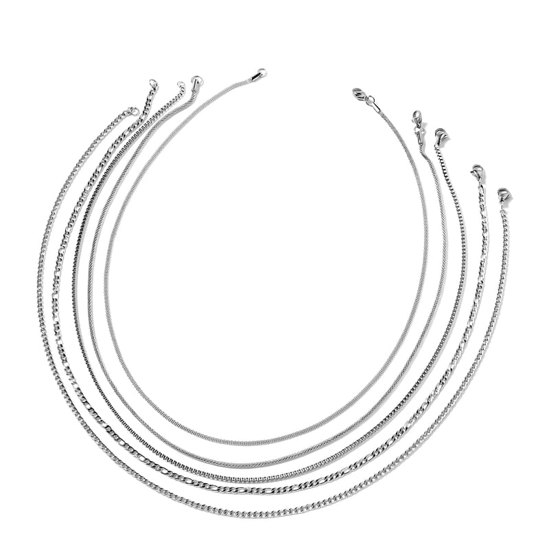 Set of 5 Figaro, Curb, Popcorn, Bismark and Box Chains 20 Inches in Stainless Steel