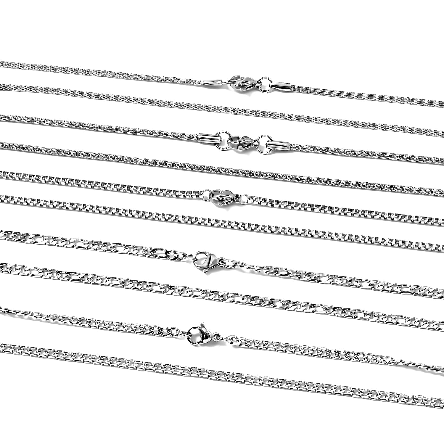 Set of 5 Figaro, Curb, Popcorn, Bismark and Box Chains 20 Inches in Stainless Steel