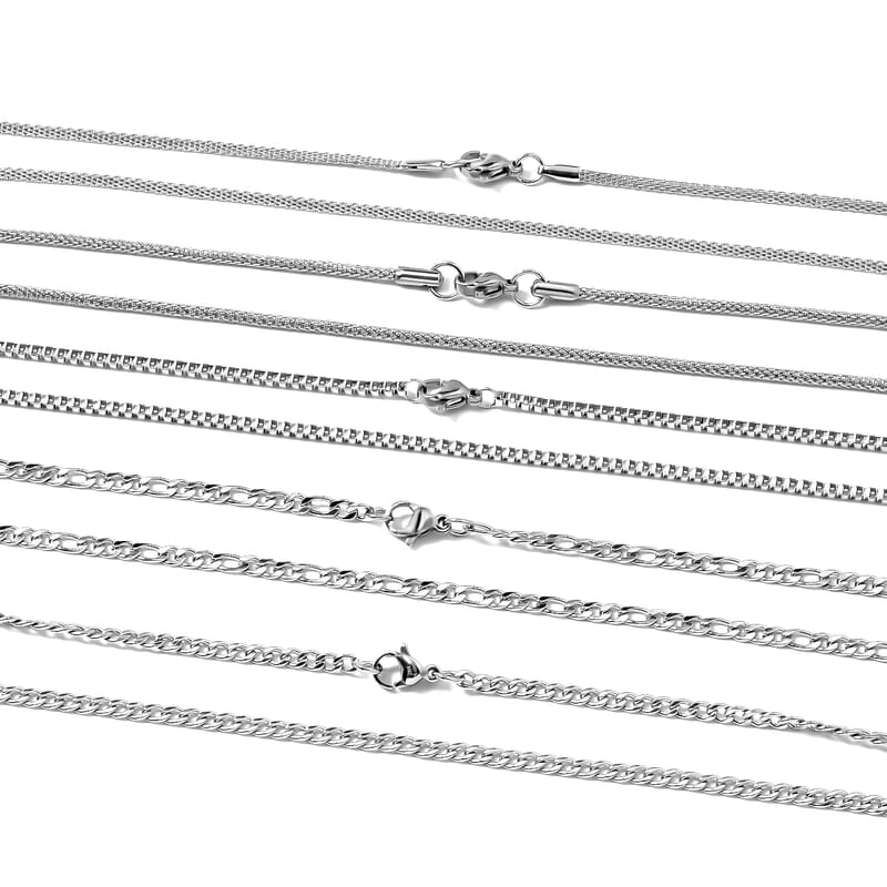 Set of 5 Figaro, Curb, Popcorn, Bismark and Box Chains 20 Inches in Stainless Steel
