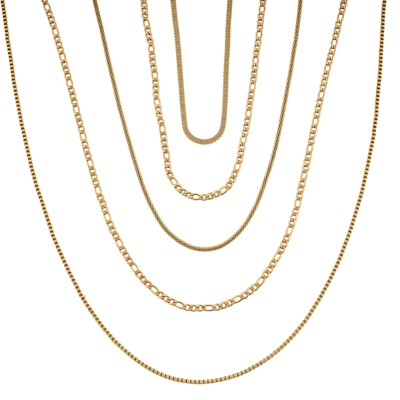 Set of 5 Figaro, Curb, Popcorn, Bismark and Box Chains 20 Inches in ION Plated Yellow Gold Stainless Steel