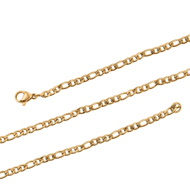 Set of 5 Figaro, Curb, Popcorn, Bismark and Box Chains 20 Inches in ION Plated Yellow Gold Stainless Steel
